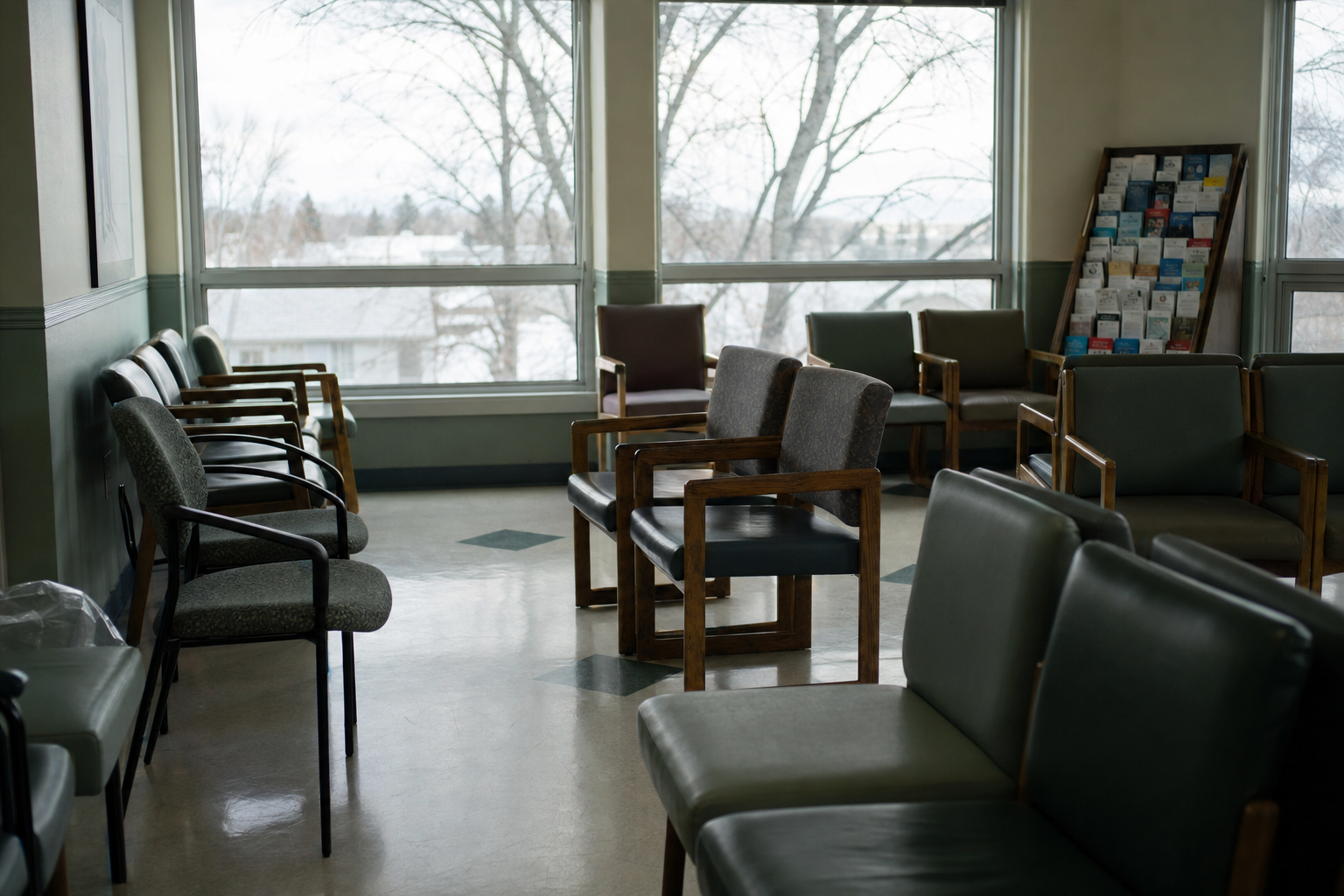 Empty community clinic waiting room with soft overcast light