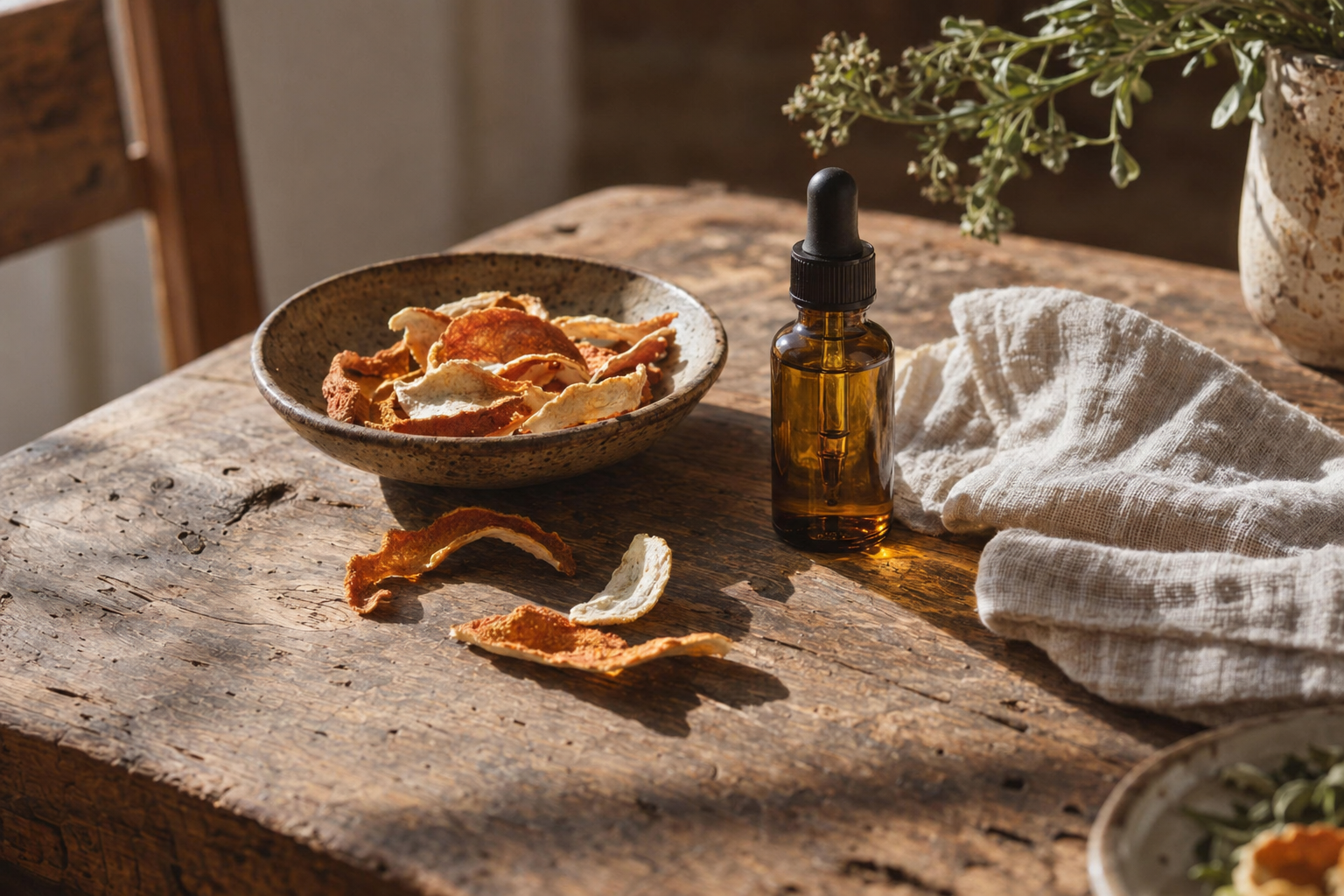 Dried citrus peel and oil dropper bottle styled on a rustic wooden table in warm light