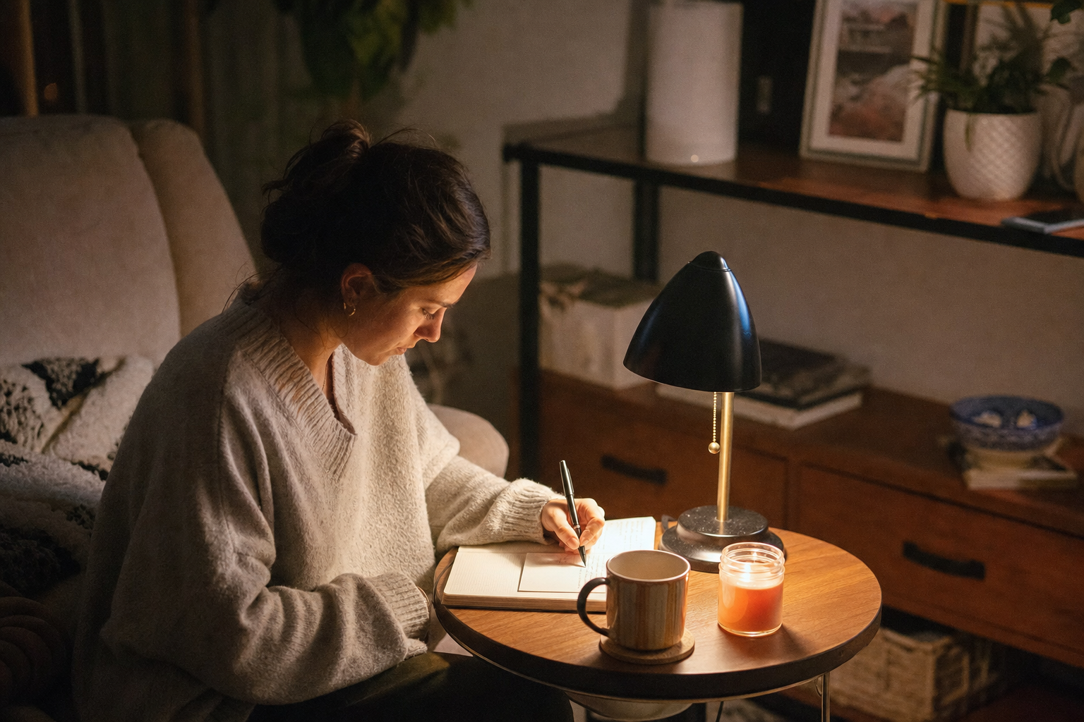 Person journaling in warm lamplight with phone left across the room