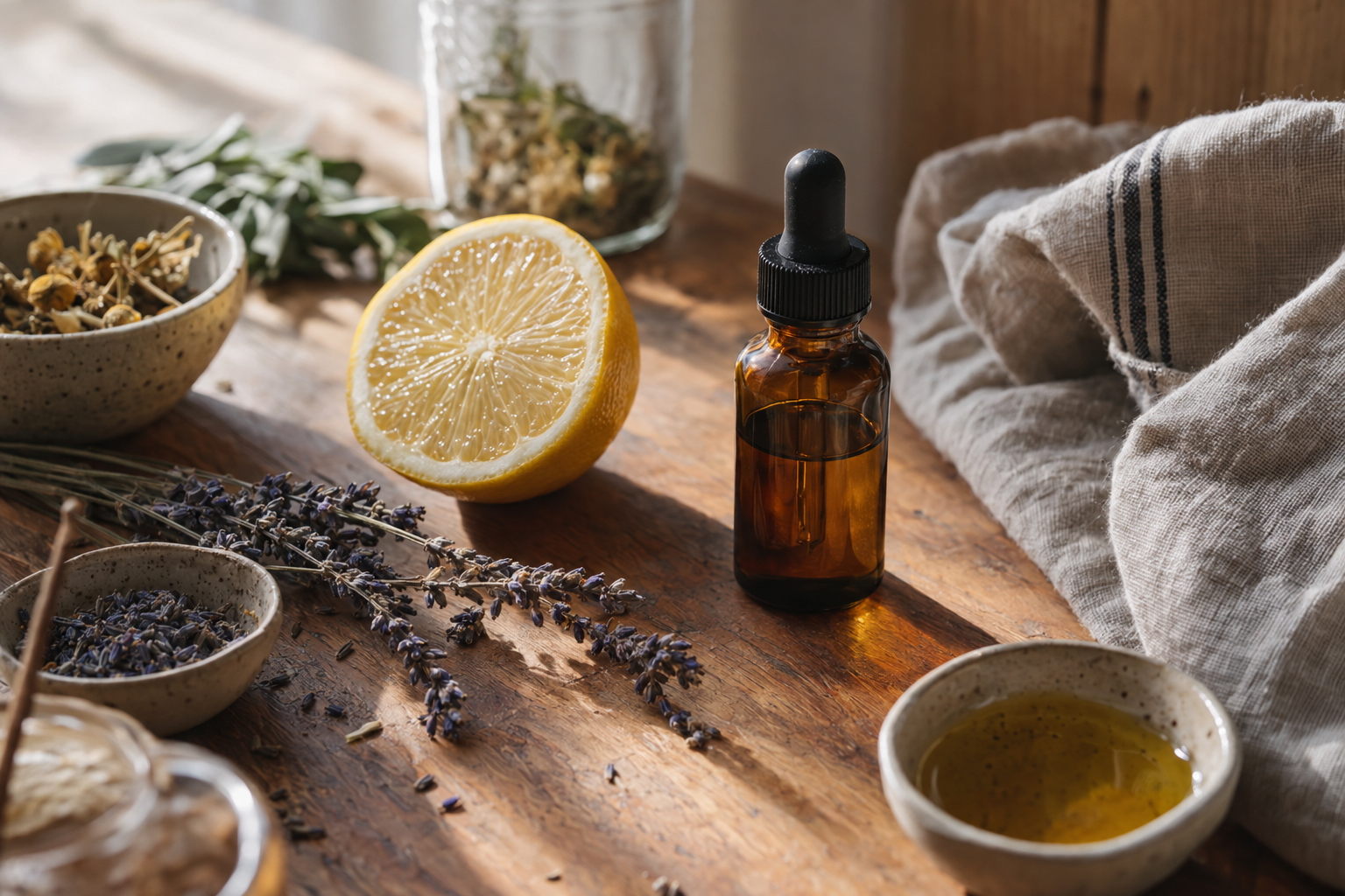 Raw botanical skincare ingredients including citrus and lavender arranged on a wooden countertop