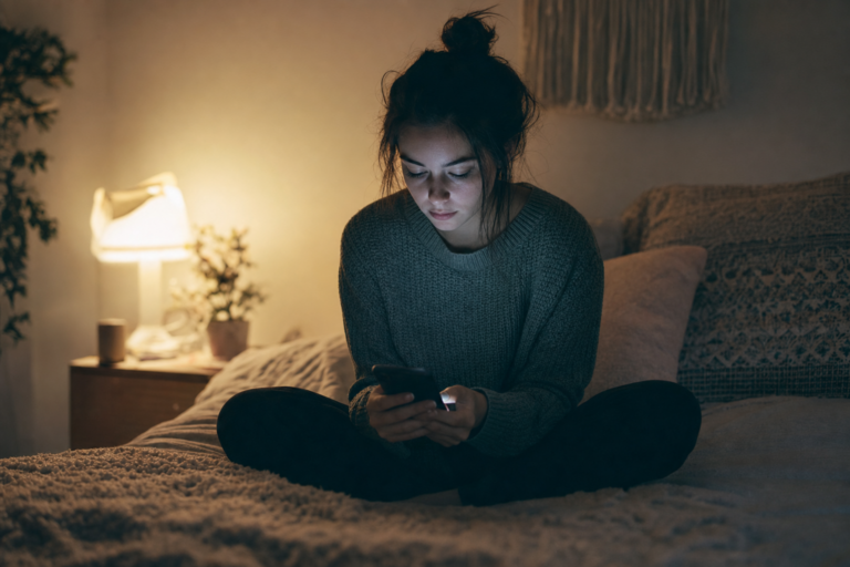 Young woman looking at her phone in a dimly lit bedroom at night