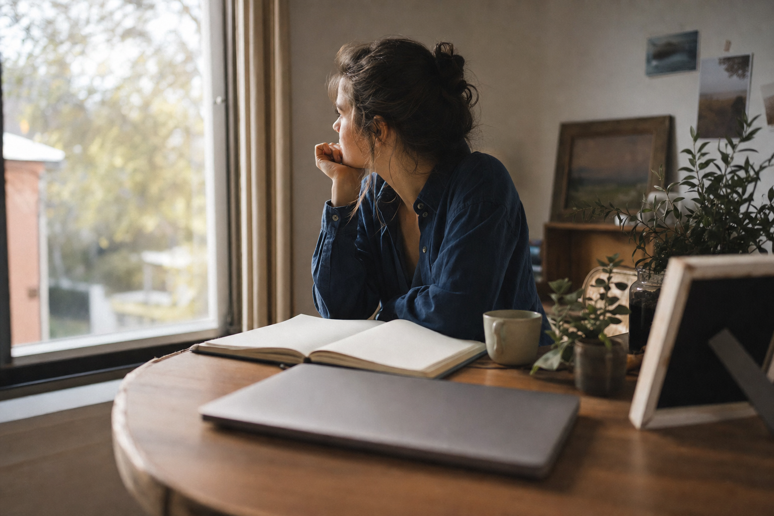 Person at a desk with a journal and closed laptop in soft morning light