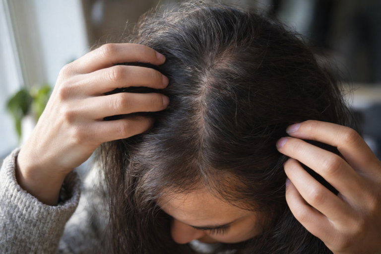 Hand gently parting hair to reveal the scalp in soft natural window light