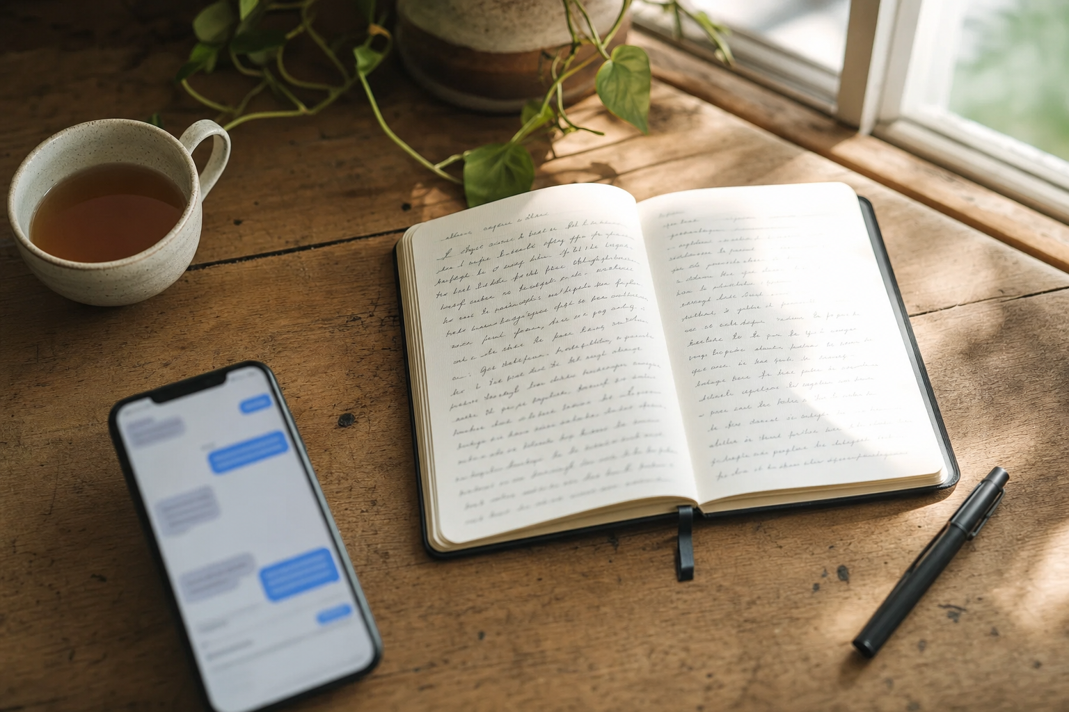Notebook and phone on a wooden desk with tea in soft afternoon light