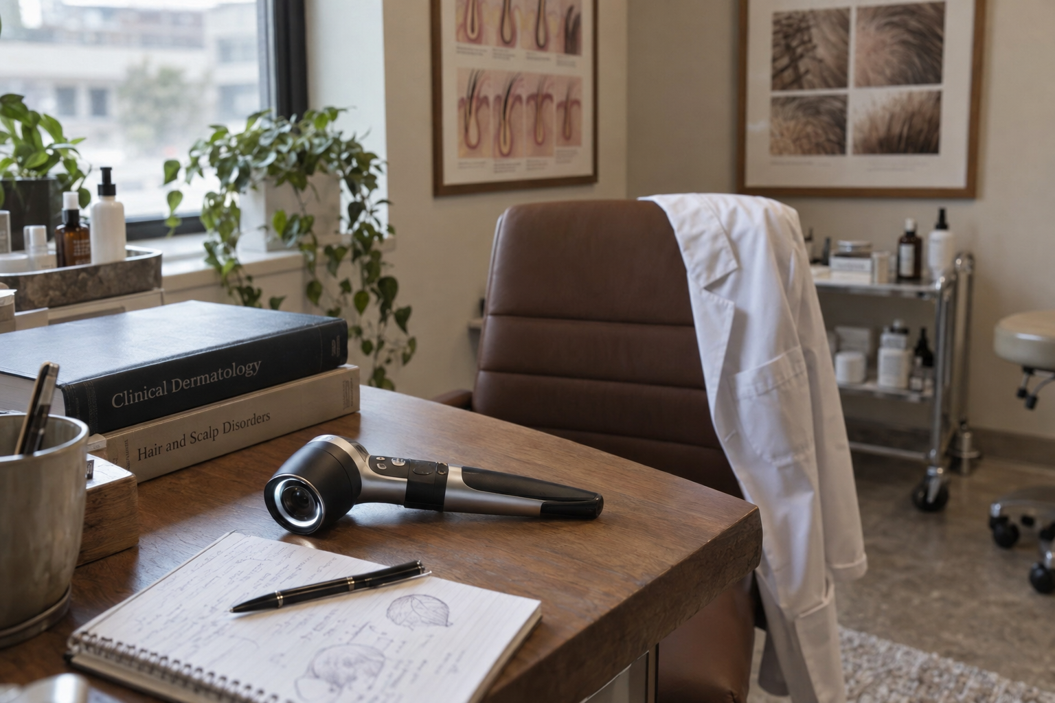 Trichoscope and notes on a wooden desk in a softly lit dermatology office