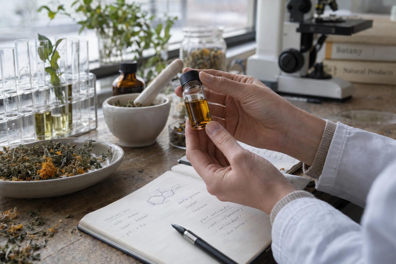 Researcher examining a vial of plant extract beside handwritten laboratory notes
