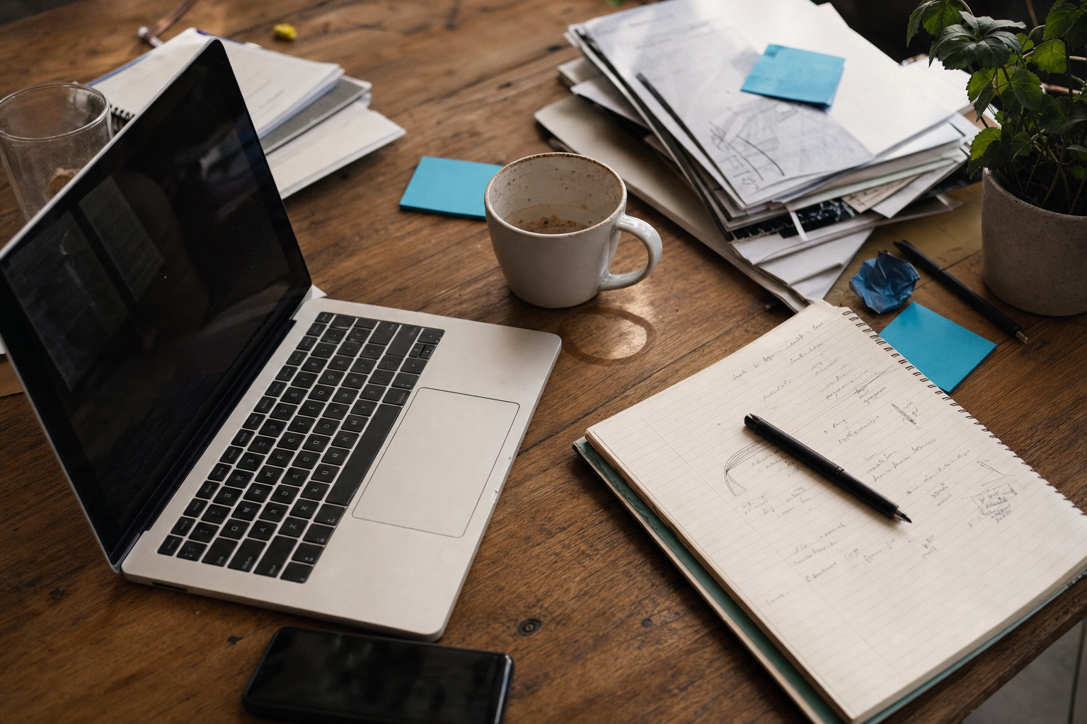 Cluttered desk with laptop, phone, and notebook representing digital multitasking