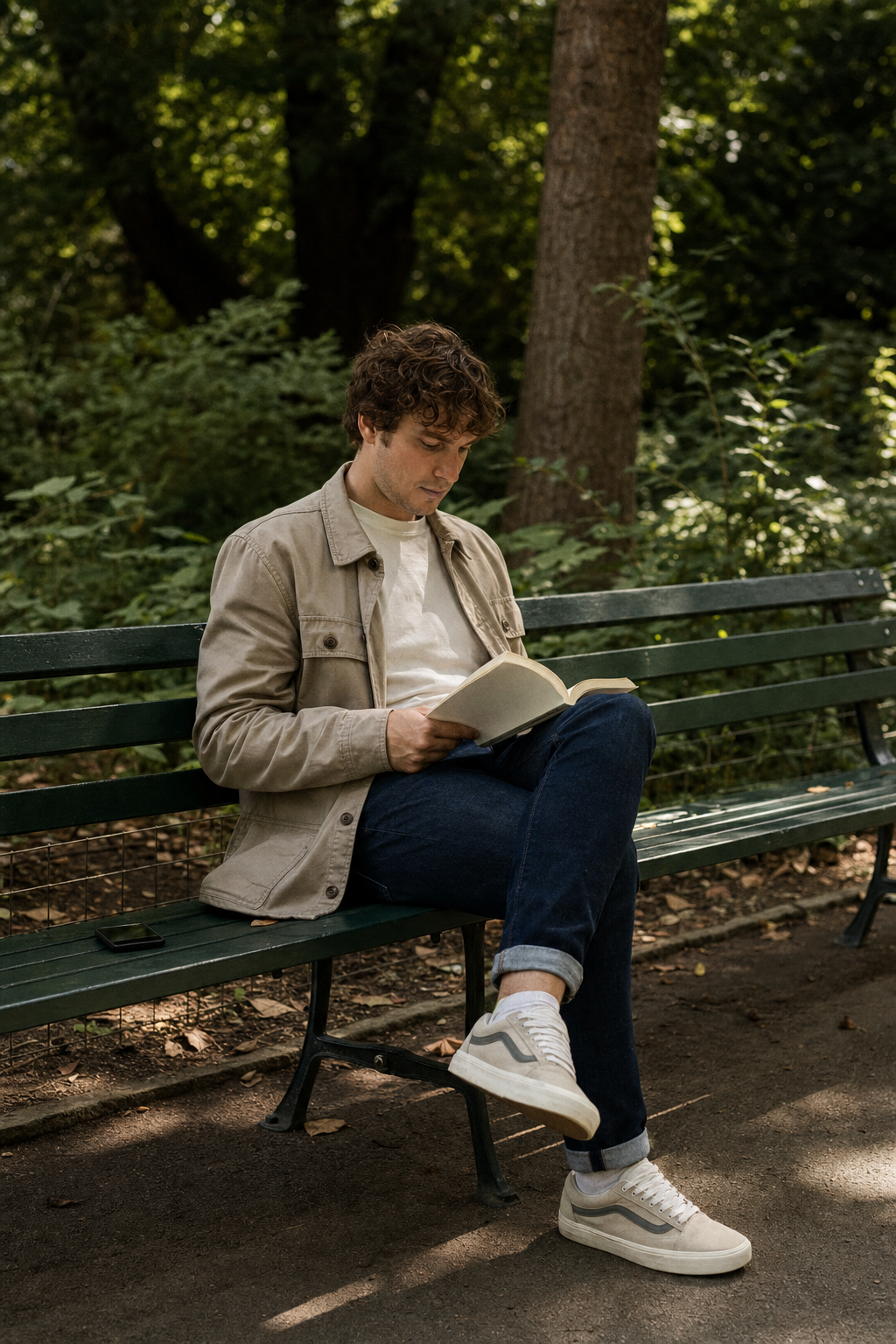 Person reading a physical book outdoors with phone set face-down nearby