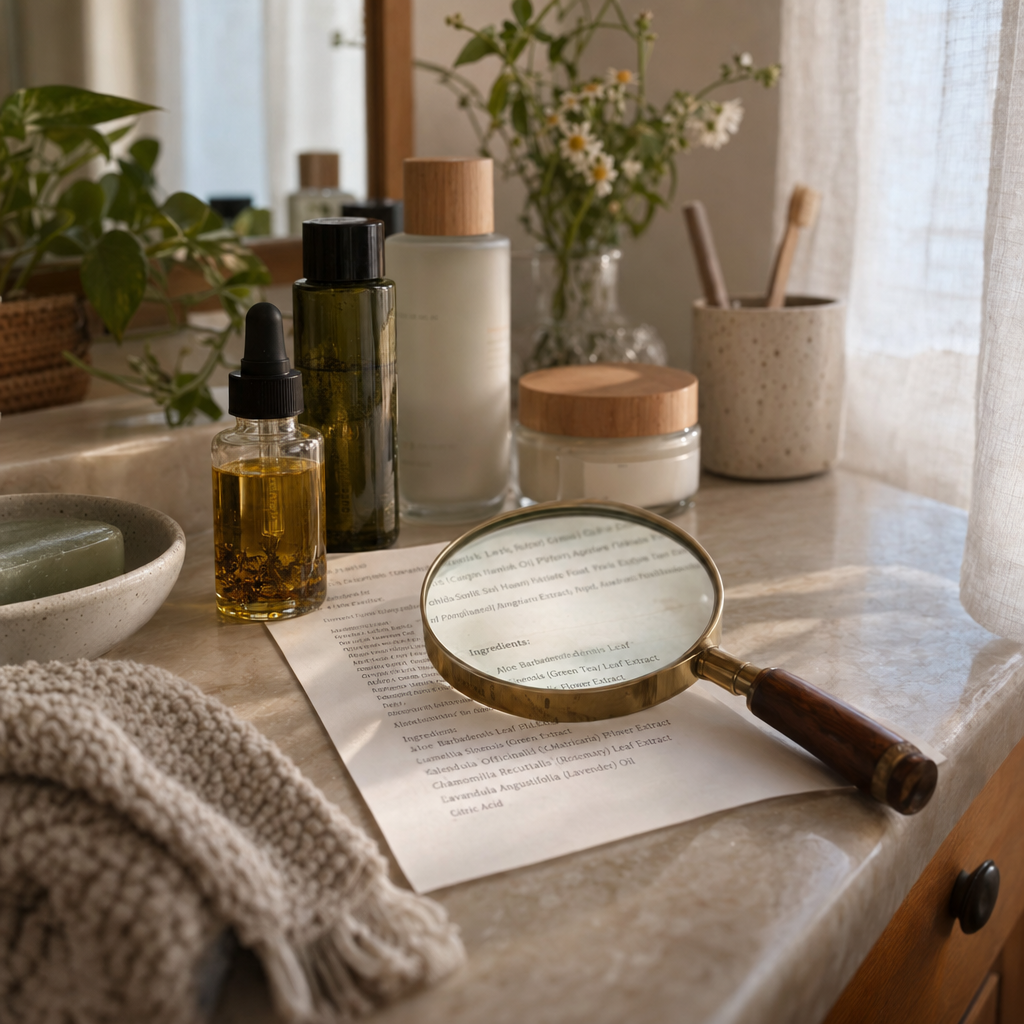 Skincare bottles and a magnifying glass on a vanity shelf for reading ingredient labels