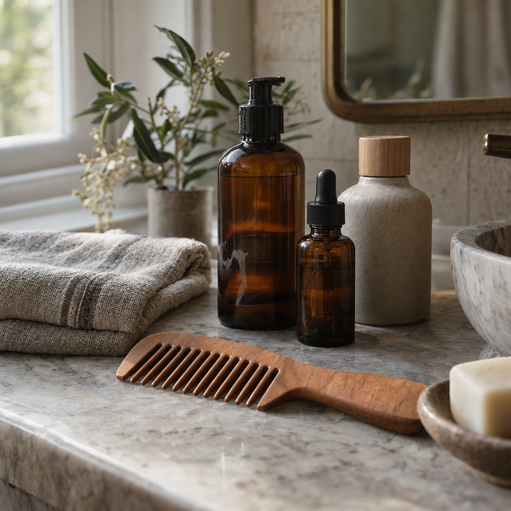 Scalp care bottles and wooden comb arranged on a marble vanity in soft daylight