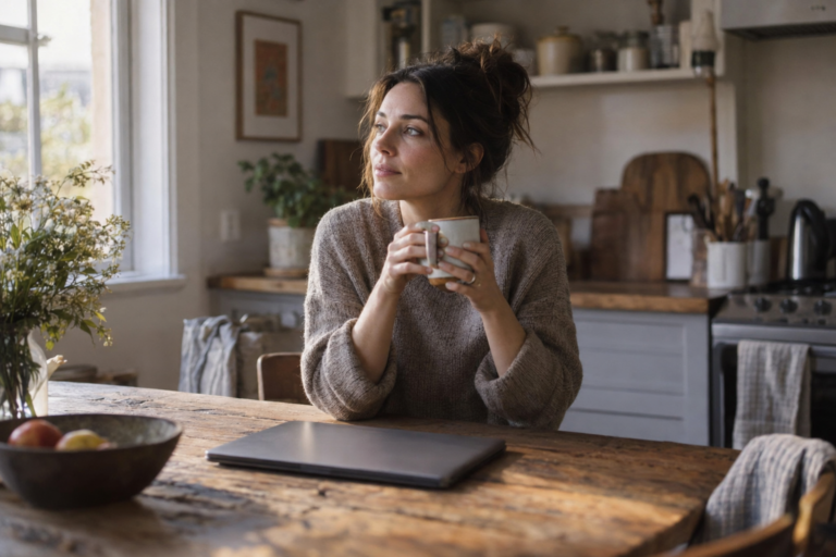 Woman sitting quietly at a kitchen table in morning light, holding a mug, laptop closed