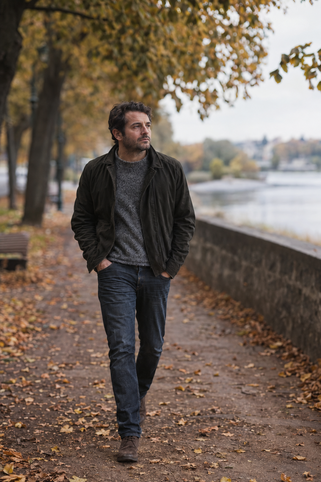 Man walking alone along a quiet tree-lined path in overcast afternoon light